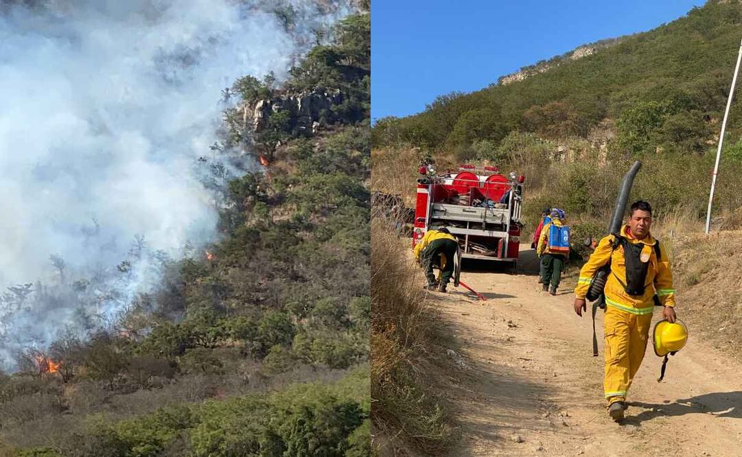 Ante el incendio a causa de la quema de zacate, comúnmente conocido como pasto, en Tulancingo, Hidalgo, bomberos acudieron a combatir el fuego. Fotos: Especiales