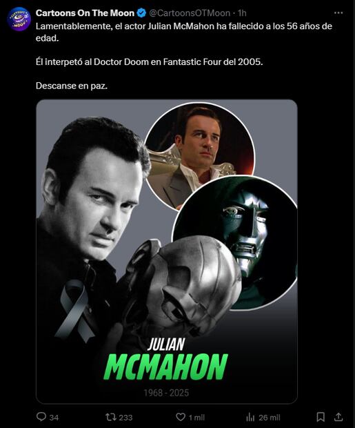 Así despidieron a Julian McMahon. Fotos: redes Sociales