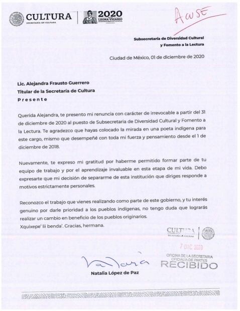 Natalia Toledo renuncia a la Secretaría de Cultura "por motivos personales"