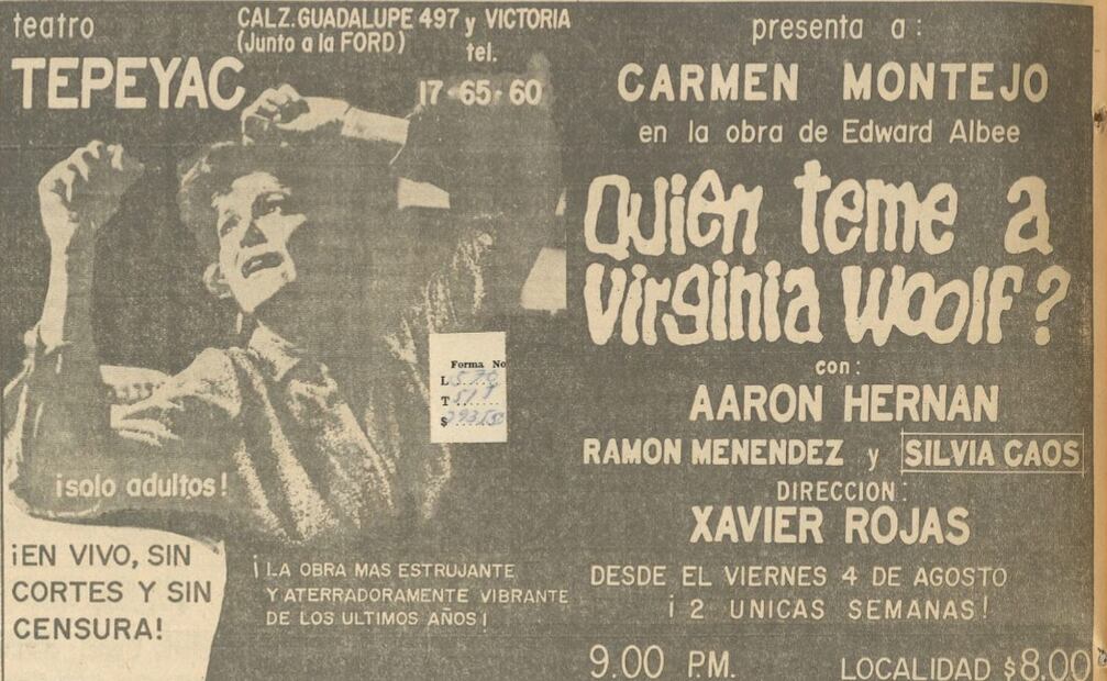 Carmen Montejo protagonizó en 1967 “¿Quién teme a Virginia Woolf?”, obra de teatro donde interpretó a una mujer alcohólica que traspasó a la realidad. Hemeroteca EL UNIVERSAL.