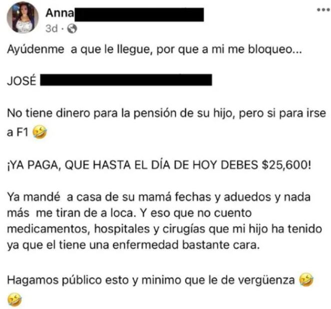 Madre exhibe a papá por no pagar pensión y tener para ir al GP de México