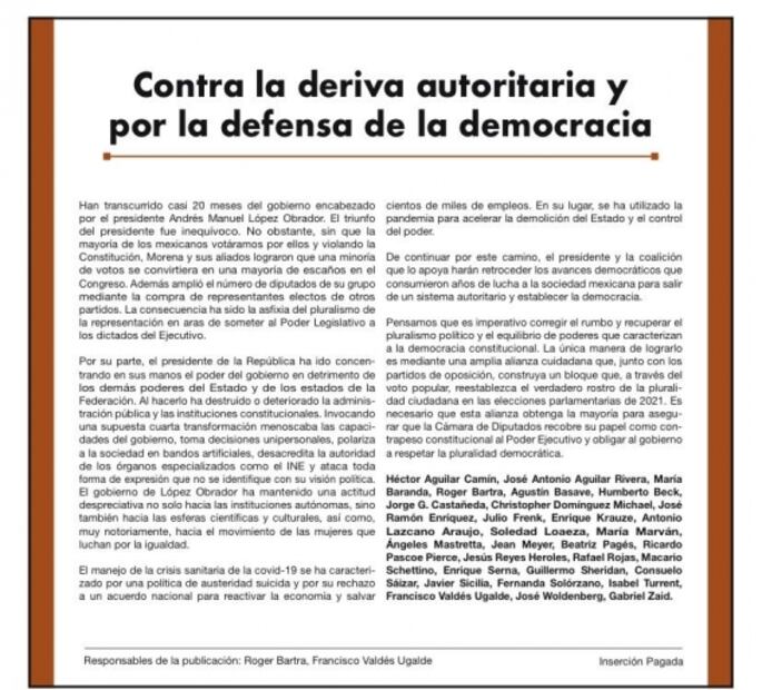 Intelectuales llaman a crear alianza ciudadana y a recuperar pluralismo político