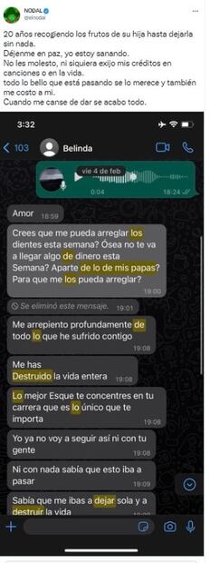 Nodal se lanza contra la mamá de Belinda: "20 años recogiendo los frutos de su hija hasta dejarla sin nada"