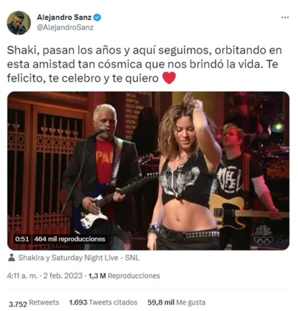 Alejandro Sanz felicita a Shakira en su cumpleaños, fans le piden que se case con ella