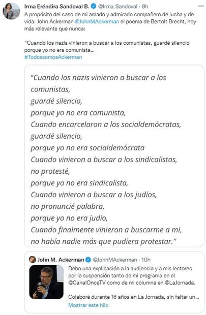 “Cuando los nazis vinieron...”: El respaldo de Irma Eréndira a Ackerman por censura tras críticas a Morena  