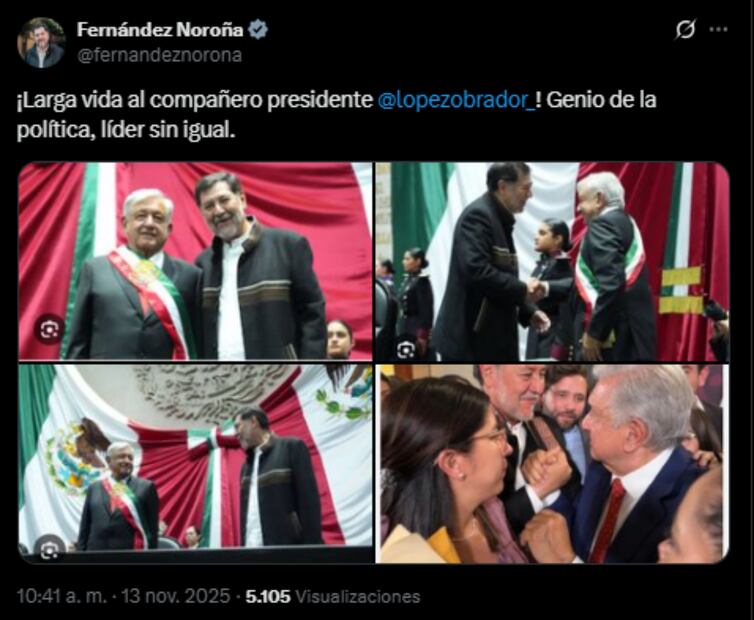 El senador Fernández Noroña felicita al expresidente López Obrador por su celebración 72. Foto: Captura tomada de la cuenta de X de @fernandeznorona.