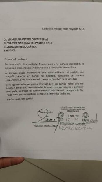 Renuncia Francisco Martínez Neri al PRD; mañana acompañará a AMLO en mitin