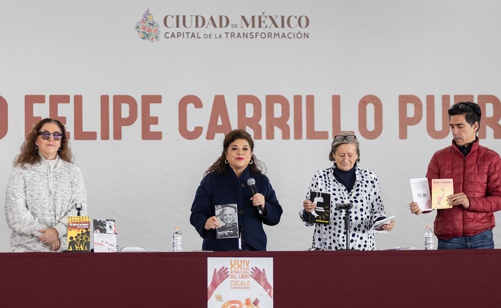 La jefa de Gobierno de la Ciudad de México, Clara Brugrada, encabezó la conferencia de prensa sobre la Feria Internacional del Libro del Zócalo. Foto Hugo Salvador/ El Universal.