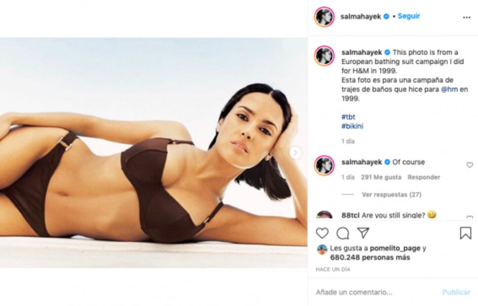 Este comparativo de Salma Hayek en bikini revela que el tiempo es su mejor aliado