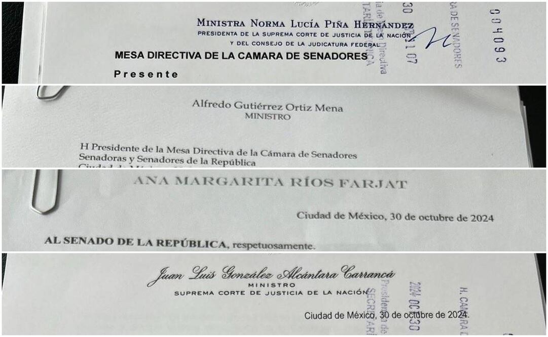 Ministros de la SCJN presentan sus cartas de renuncia al presidente del Senado, Gerardo Fernández Noroña. Fotos: Tomadas de la cuenta de X de @fernandeznorona