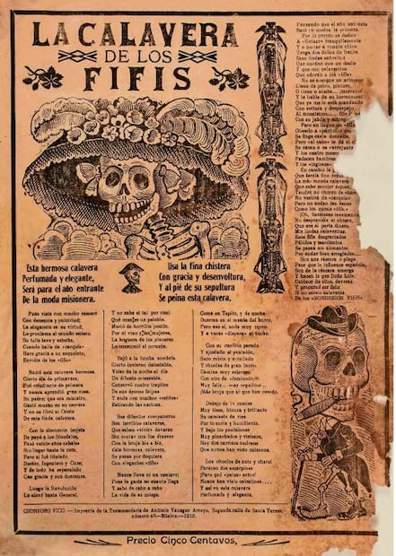Impresión de
 la hoja volante Calavera de los Fifís, imprenta de la testamentaría de Vanegas Arroyo, 1918.
Cortesía: Colección de Mercurio López