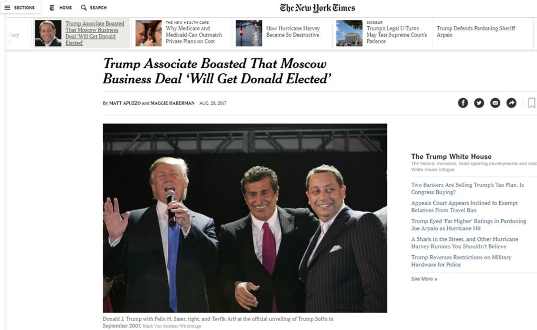 Felix Sater prometió que la construcción de una Torre Trump en Moscú sería de gran ayuda para la candidatura del republicano. FOTO: investigación del NYT este lunes