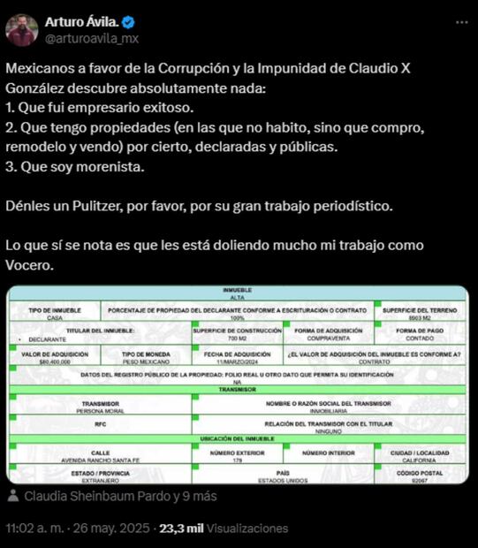 Arturo Ávila responde a MCCI. Foto: Captura de pantalla de la cuenta de X de @arturoavila_mx.