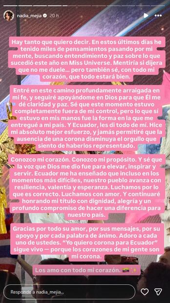 Publicación de Nadia Mejía-Webb, concursante de Miss Ecuardor 2025.
Foto: Instagram