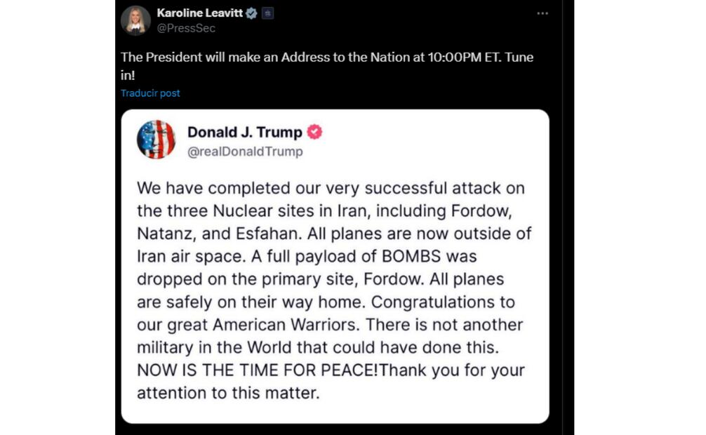 Portavoz de la Casa Blanca asegura que Trump dará un mensaje. (21/06/25) Foto: Captura de pantalla