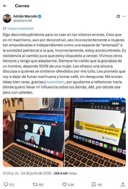 Adrián Marcelo toma curso de violencia de género tras comentario misógino contra Belinda; “me brotan ideas bien raras”. Fuente: X