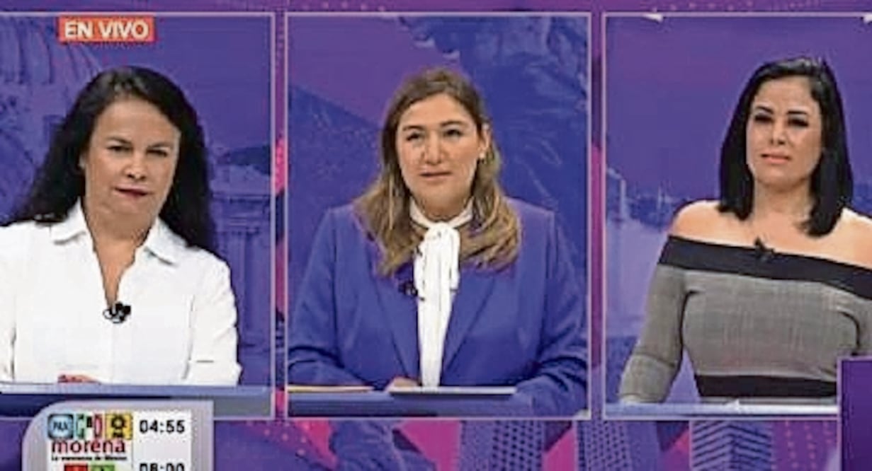 Margarita Saldaña (PAN-PRI-PRD), Nancy Núñez (Morena-PT-PVEM) y Luisa Alpízar (MC), durante el debate entre las aspirantes a gobernar la alcaldía de Azcapotzalco. Foto Especial