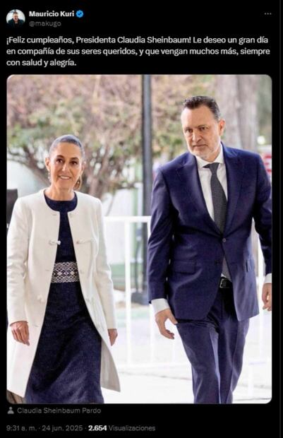 Mauricio Kuri, gobernador de Querétaro, felicita a la presidente Claudia Sheinbaum por su cumpleaños 63. Foto: Captura de pantalla de la cuenta de X de @makugo.