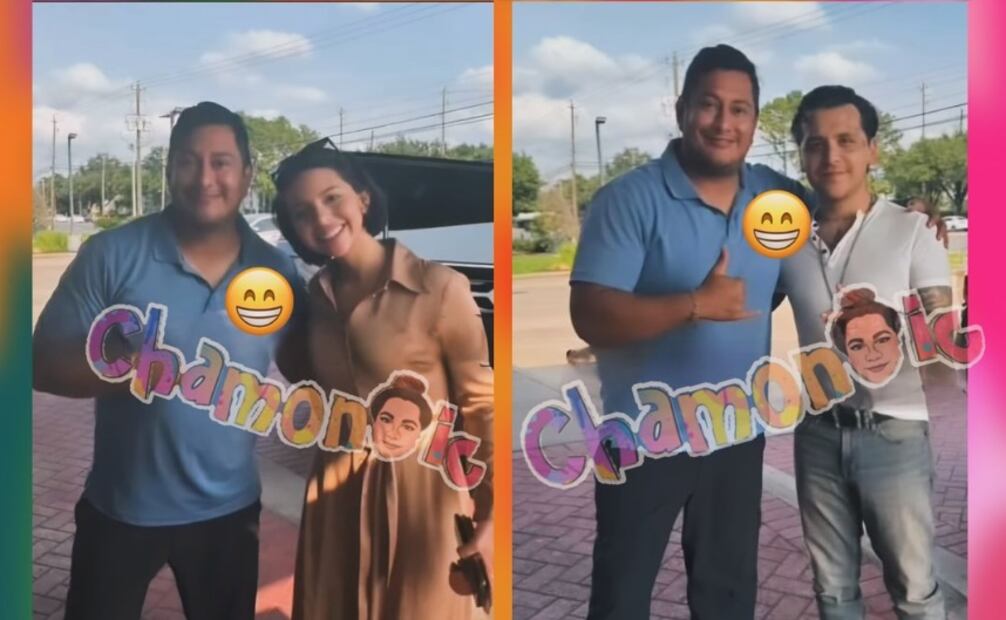 Ángela Aguilar y Christian Nodal posan con un fan por separado pero en el mismo lugar.