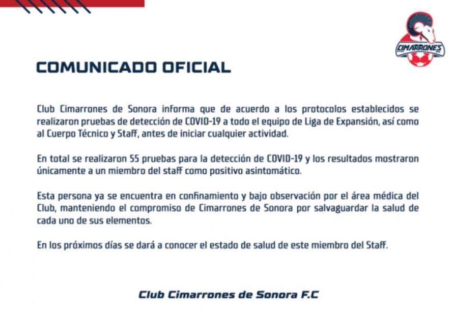 Cimarrones de Sonora confirma un caso de Covid-19