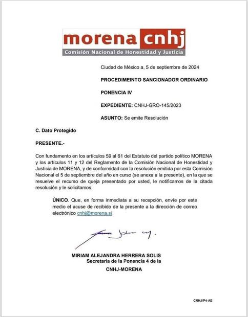 La Comisión de Honestidad y Justicia de Morena resolvió la cancelación del registro en el padrón nacional a Norma Otilia Hernández Martínez, alcaldesa de Chilpancingo. Foto: Especial