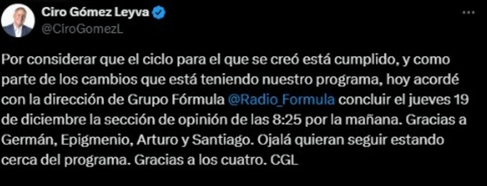 Ciro Gómez Leyva anuncia que se concluye la sección de opinión en su programa. Foto: Captura de pantalla