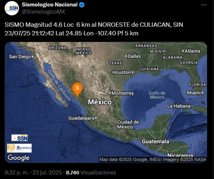 Sismo en Sinaloa (23/07/2025). Foto: Captura de pantalla