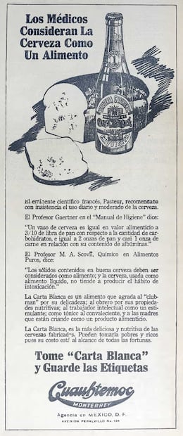 Anuncio de 1925 de Cerveza Carta Blanca, afirmando que su bebida era un “producto alimenticio para las madres que están criando”. Foto: Hemeroteca EL UNIVERSAL.