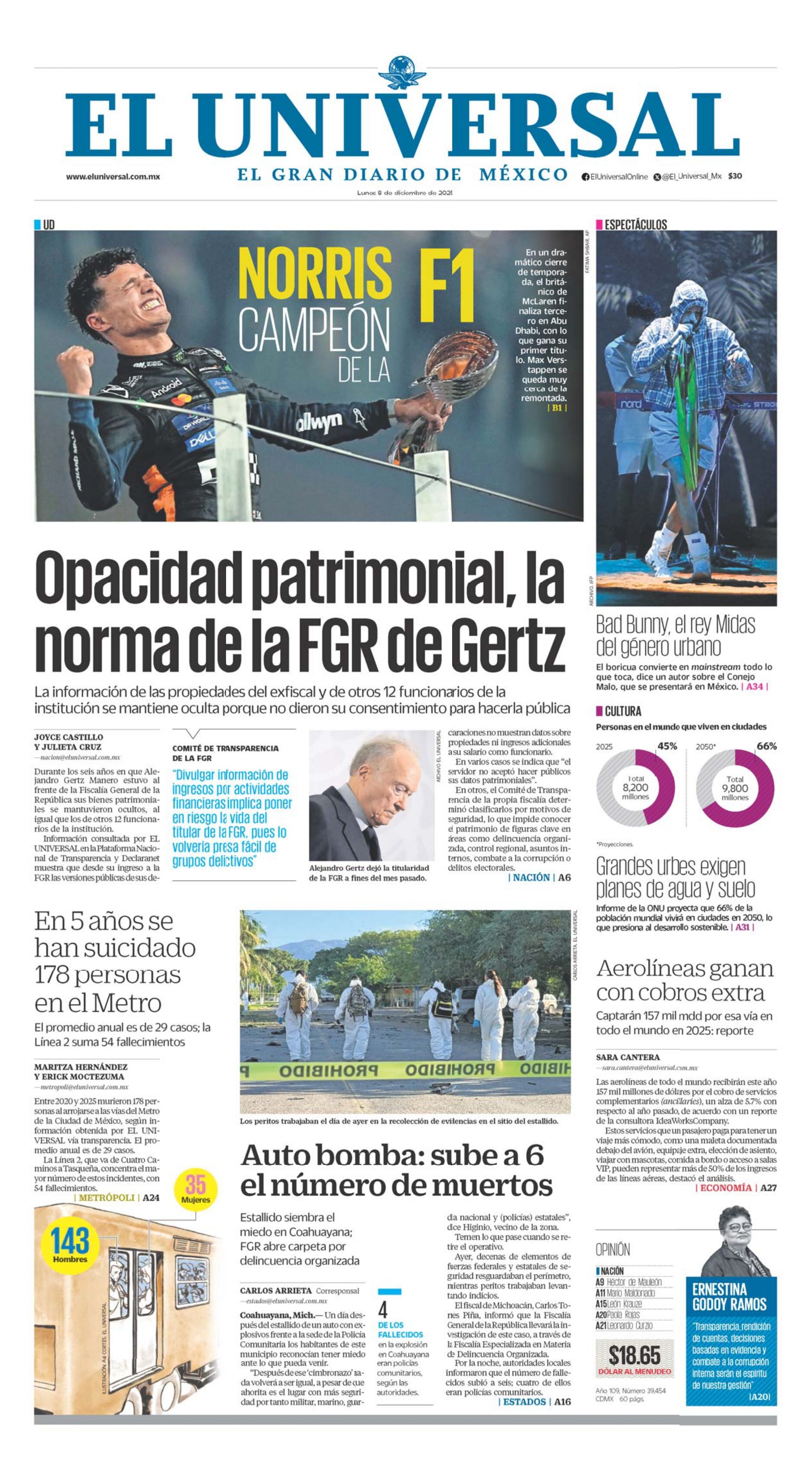 Portada impresa del 8 de diciembre de 2025