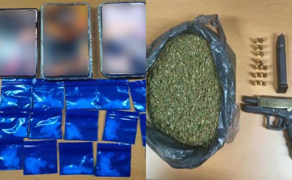 Se les fue asegurada un arma de fuego corta, tres teléfonos celulares, 15 envoltorios con un polvo blanco con características similares a la cocaína y una bolsa con aproximadamente 600 gramos de presunta marihuana. Foto: Especial.