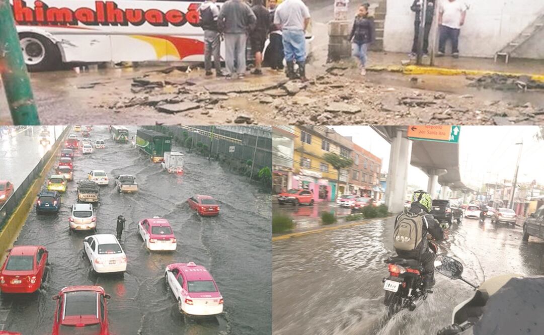 En avenida Tláhuac y Circuito Interior, las anegaciones causaron afectaciones severas y provocaron caos vial; en Chimalhuacán la bajada de agua del cerro Chimalhuache arrastró autos en la comunidad de Santa María. (FOTOS: ESPECIALES)