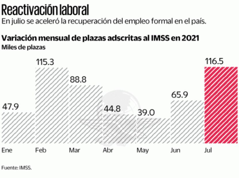 En julio se generaron 116.5 mil empleos, la mayor cifra del año