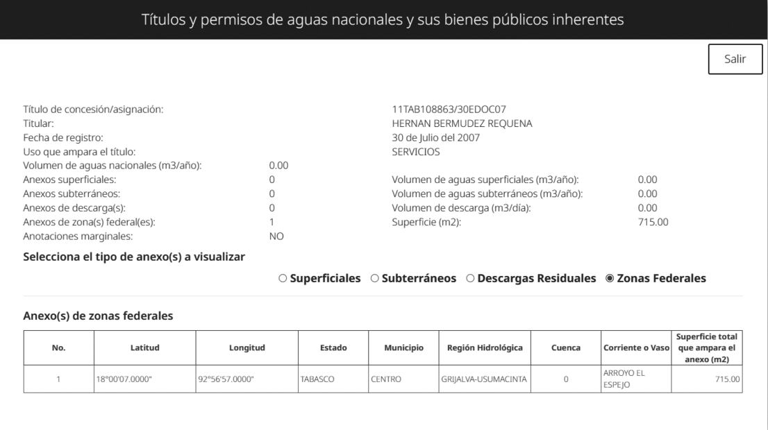 La concesión 11TAB108863/30EDOC07 detalla que Hernán Bermúdez Requena tenía un permiso para extraer agua bajo el concepto de “servicios”, con derecho a explotar hasta 715 metros cuadrados.
