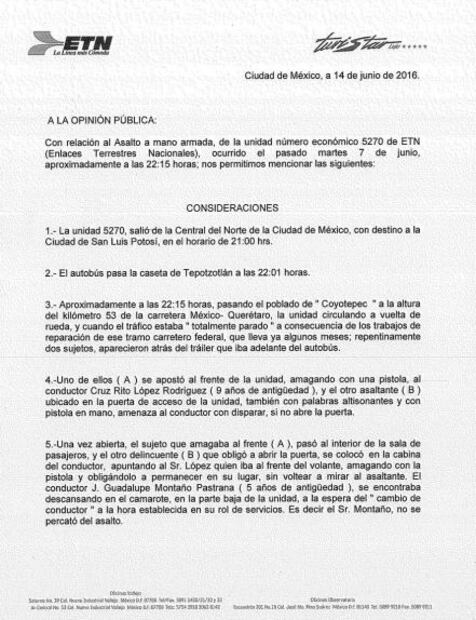 ETN da versión de asalto a autobús; se dice dispuesta a colaborar
