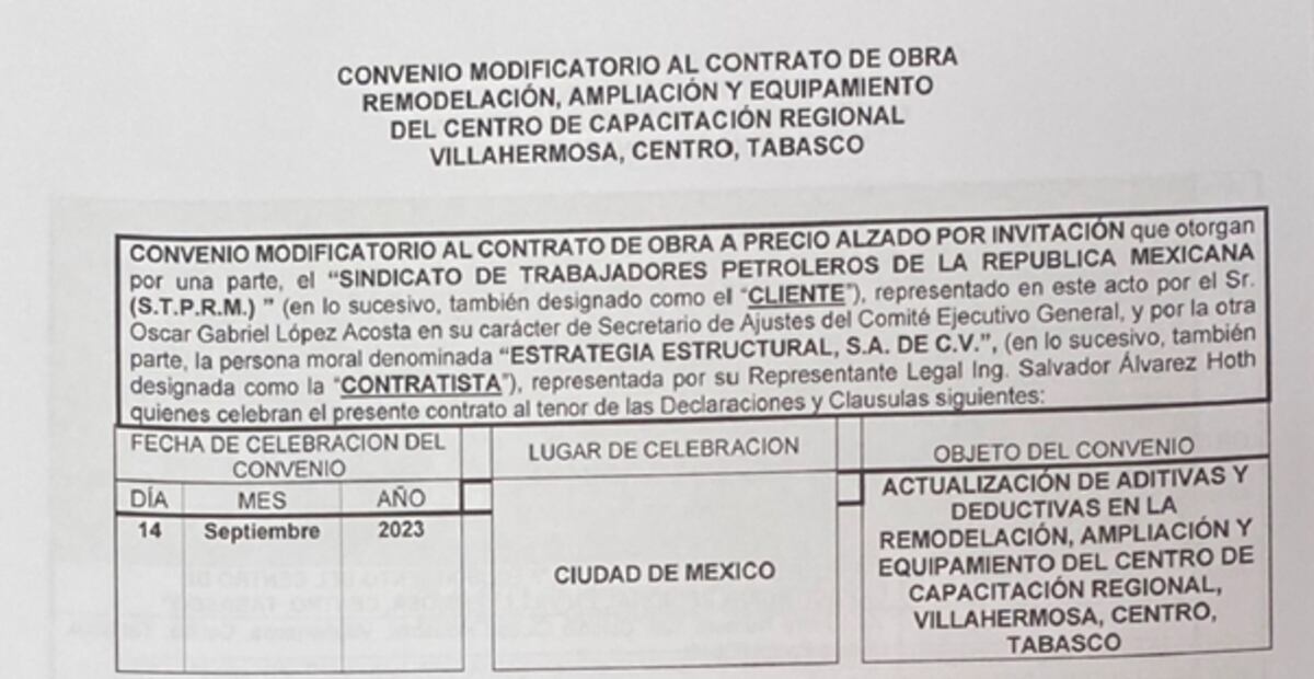 Imágenes de un contrato entre el sindicato de Pemex y Estrategia Estructural para remodelar un centro de capacitación en Tabasco.
