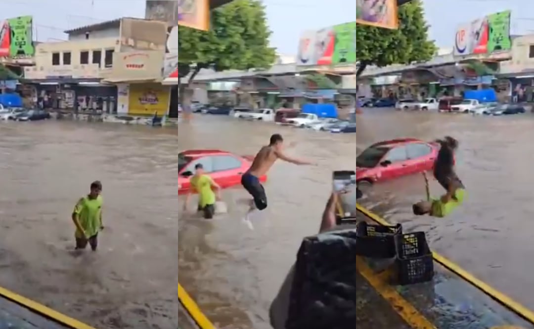Luego de las inundaciones por fuertes lluvias en Guadalajara, un grupo de jóvenes decidió hacer una competencia de clavados en el Mercado de Abastos. Foto: TikTok