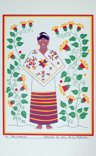 Esta serigrafía de Carlos Mérida representa el traje típico de una mujer de la huasteca, que el historiador de arte Aldo Solano relaciona con el diseño del uniforme de las meseras de Sanborns. Foto: Museo de Arte Carrillo Gil.