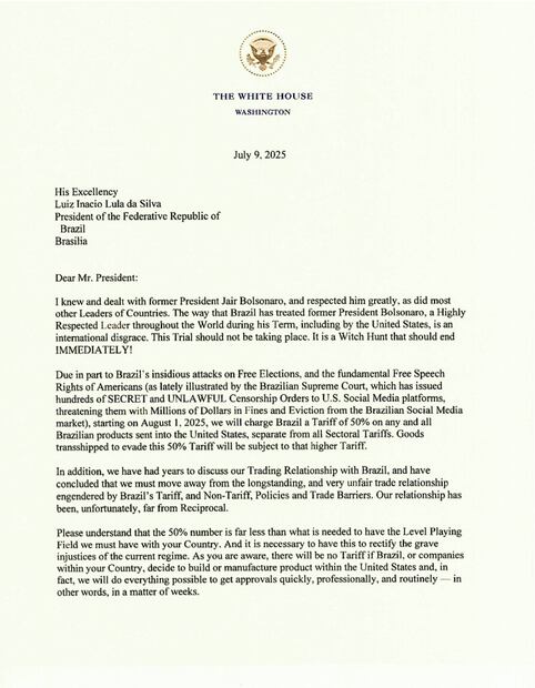 A través de una carta, Trump anunció la imposición de aranceles a Brasil. Foto: X @TrumpDailyPosts