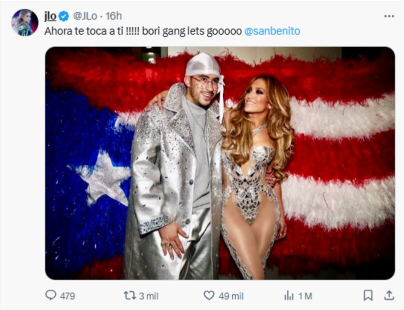 Jennifer López celebró la noticia de Bad Bunny como artista estelar del Super Bowl LX. Foto: X. Captura de pantalla