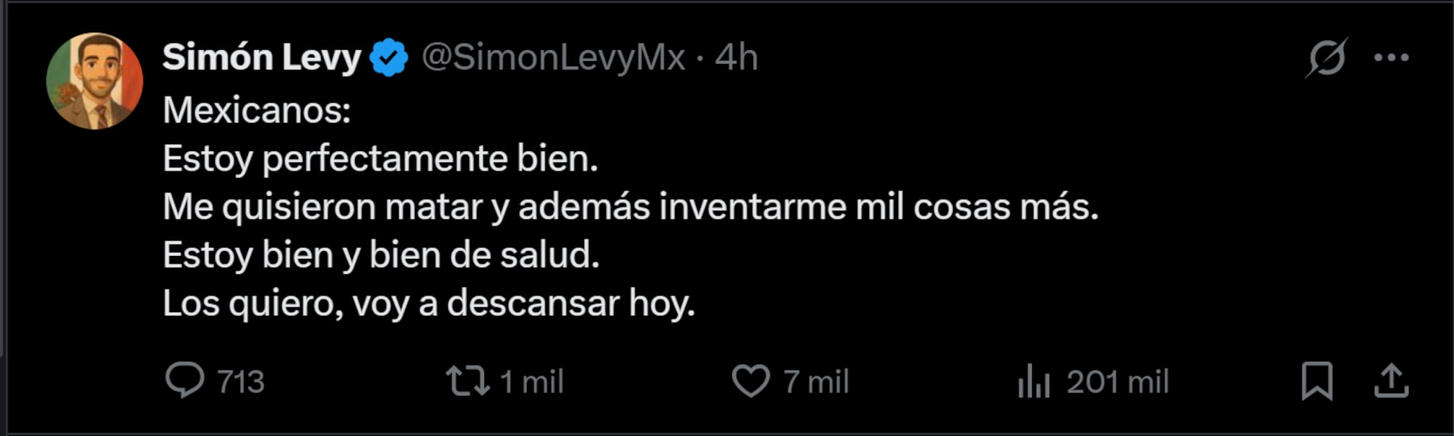 Publicación de Simón Levy señalando que lo quisieron matar. Foto: captura de pantalla