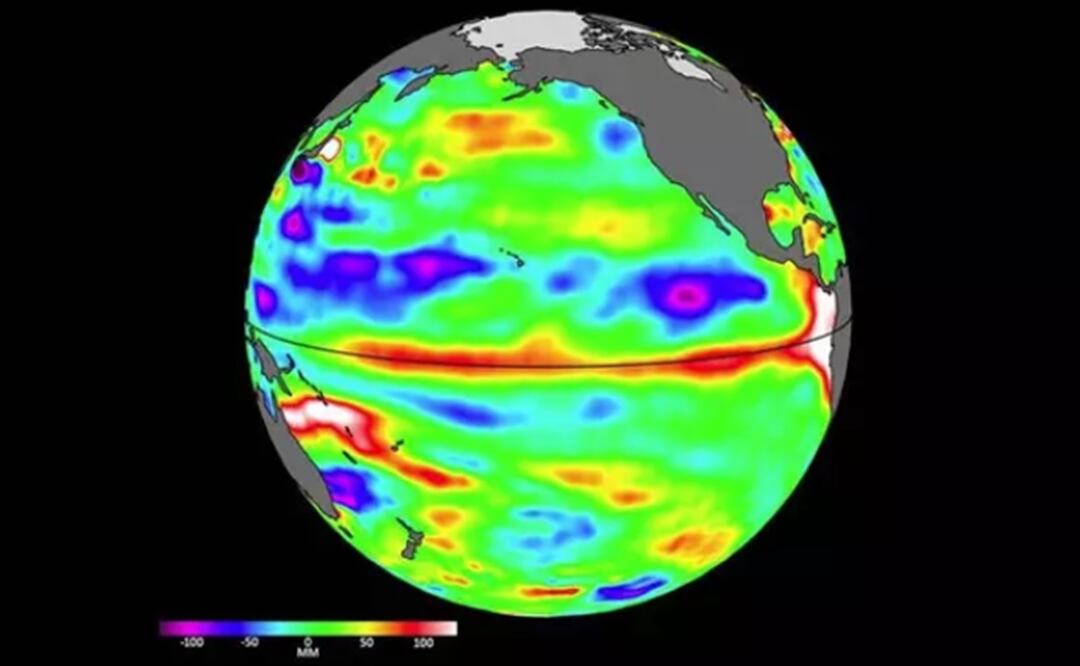 Los datos muestran aguas oceánicas relativamente más altas y más cálidas en el ecuador y la costa oeste de América del Sur. Foto: Twitter @NASAJPL
