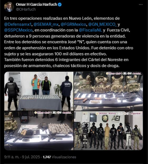 En tres operaciones realizadas en Nuevo León fueron detenidas nueve personas generadoras de violencia en la entidad. Foto: tomada de X @OHarfuch