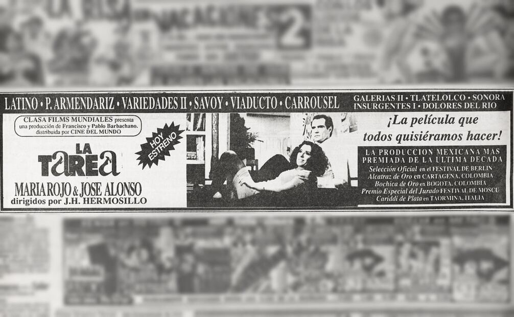 Anuncio del estreno de “La Tarea” en 1991; dentro de la cartelera capitalina compitió contra “La risa en vacaciones 2”, otra de las dudosas exponentes del cine mexicano. Aunque la película de Jaime Humberto Hermosillo no envejeció tan bien, se le reconoce la vivacidad y determinación para exponer el verdadero deseo sexual en las salas mexicanas. Foto: Hemeroteca EL UNIVERSAL.