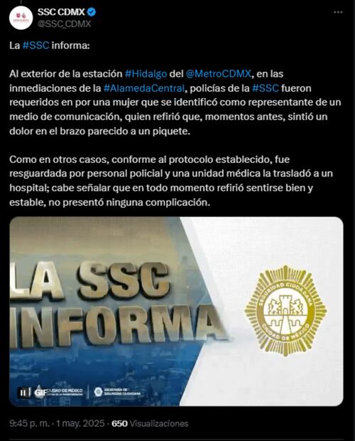 Publicación SSC-CDMX sobre pinchazo afuera del metro Hidalgo- Foto: captura de pantalla