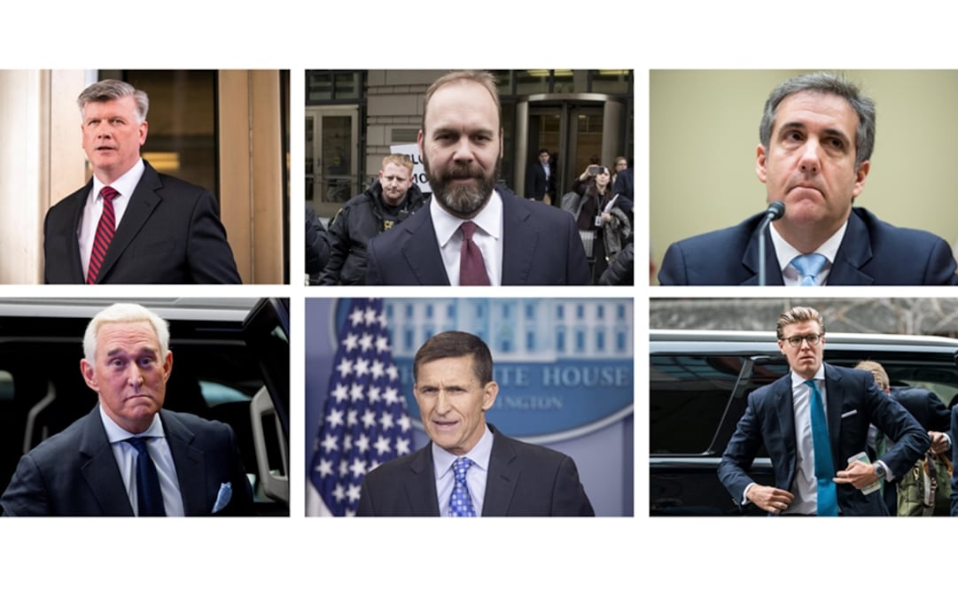 Paul Manafort (Sup. Izq.), Rick Gates (Sup. C.), Michael Cohen (Sup. Der.), Roger Stone (Inf. Izq.), Michael Flynn (Inf. C.) y Alex Van Der Zwaan (Inf. Der.) Foto: EFE