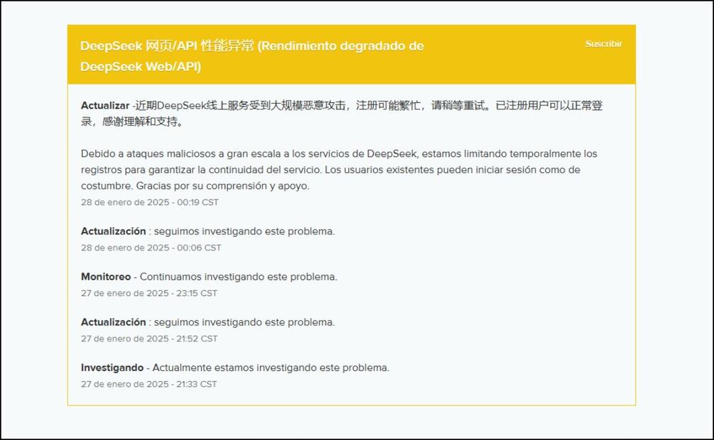 Deepseek sufre ciberataques. Imagen: captura de pantalla