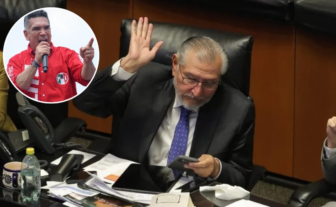 El senador Adán Augusto López durante la sesión de la Comisión Permanente en el Senado. En el círculo: Alejadro Moreno, presidente nacional del PRI. Fotos: Gabiel Pano y Luis Camacho / EL UNIVERSAL