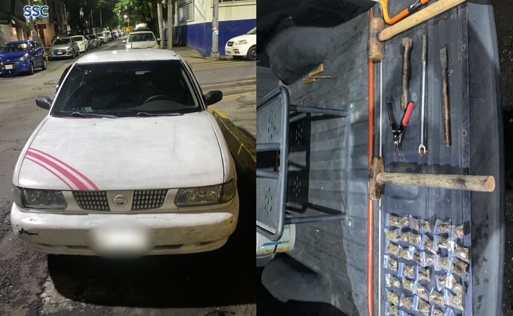 Se les encontró 40 bolsas con marihuana y varias piezas de herramienta: dos cinceles, dos mazos, unas alicatas y dos barretas.
Foto: Especial.