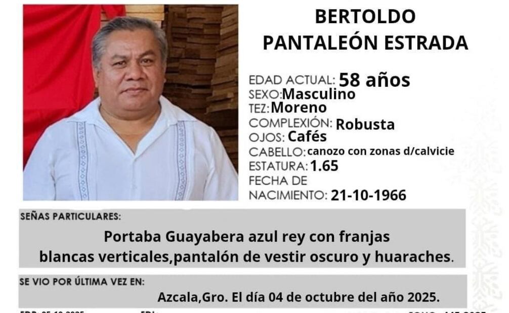 Ficha de búsqueda de sacerdote Bertoldo Pantaleón, reportado como desaparecido en Guerrero (06/10/2025). Foto: Especial