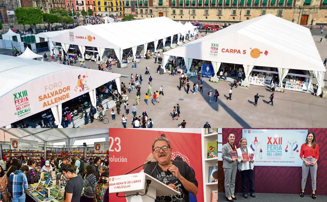 Una de las dos actividades principales del plan para la ciudad es la Feria Internacional del Libro del Zócalo, que se ha dejado en manos de la Brigada para Leer en Libertad, a cargo de Paloma Sáiz, esposa de Paco Ignacio Taibo II, quien dirigirá otros seis años el Fondo de Cultura Económica, por encargo de la presidenta electa, Claudia Sheinbaum. Fotos: FIL Zócalo y Archivo EL UNIVERSAL